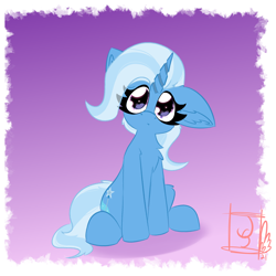 Size: 2362x2362 | Tagged: safe, artist:jubyskylines, trixie, pony, unicorn, g4, chest fluff, cute, diatrixes, eye clipping through hair, female, floppy ears, gradient background, high res, looking at you, mare, one ear down, ponytober, sitting, solo