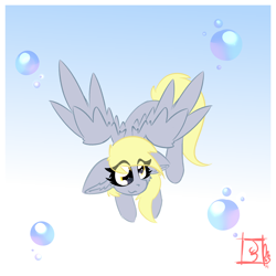 Size: 2362x2362 | Tagged: safe, artist:jubyskylines, derpy hooves, pegasus, pony, g4, bubble, eye clipping through hair, female, floppy ears, flying, gradient background, high res, mare, ponytober, solo, spread wings, wings