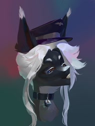 Size: 1635x2160 | Tagged: safe, artist:yanisfucker, oc, oc only, pony, ambiguous gender, bust, collar, gradient background, hat, portrait, solo