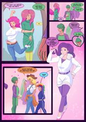 Size: 3508x4961 | Tagged: safe, artist:annon, applejack, fluttershy, pinkie pie, rainbow dash, rarity, spike, human, comic:pink world, g4, adult, adult spike, apron, clothes, coat, comic, dialogue, faceless male, headband, high heels, humanized, jeans, male, offscreen character, older, older spike, overalls, pants, shoes, speech bubble, sweater, tanned, tight clothing