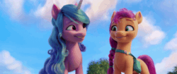 Size: 800x335 | Tagged: safe, screencap, izzy moonbow, sunny starscout, earth pony, pony, unicorn, g5, my little pony: a new generation, spoiler:my little pony: a new generation, animated, bag, blue mane, braid, cloud, duo, duo female, eyebrows, female, gif, horn, long mane, mare, one eye closed, purple eyes, satchel, sky, smiling, standing, tail, talking, teal eyes, wink