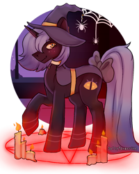 Size: 1080x1350 | Tagged: safe, artist:saltytangerine, oc, oc only, pony, unicorn, candle, commission, female, hat, partial background, pentagram, simple background, solo, spider web, transparent background, witch, witch hat, ych result