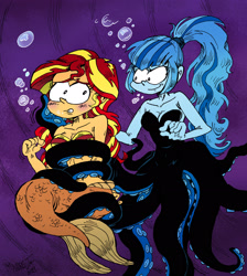 Size: 2226x2481 | Tagged: safe, artist:andreu-t, sonata dusk, sunset shimmer, mermaid, octopus, equestria girls, g4, belly button, blushing, bra, breasts, cleavage, duo, female, high res, scylla, seashell bra, tentacles, the little mermaid, underwater