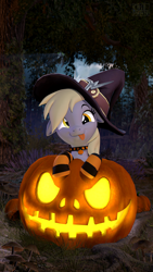 Size: 2160x3840 | Tagged: safe, artist:owlpirate, derpy hooves, pegasus, pony, g4, clothes, cute, derpabetes, floppy ears, forest, halloween, high res, holiday, jack-o-lantern, pumpkin, smiling, socks, solo, tongue out, witch costume