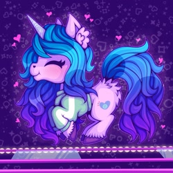 Size: 2048x2048 | Tagged: safe, artist:chocchippony, izzy moonbow, pony, unicorn, g5, my little pony: a new generation, butt fluff, ear fluff, eyes closed, floating heart, glass, heart, high res, netflix, squid game, this will end in death