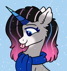 Size: 800x850 | Tagged: safe, artist:pink-pone, oc, oc only, pony, unicorn, :p, bust, clothes, colored horn, female, horn, mare, portrait, scarf, snow, snowfall, solo, tongue out, unicorn oc
