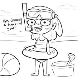 Size: 3300x3300 | Tagged: safe, artist:tjpones, apple bloom, human, g4, barefoot, beach, beach ball, black and white, bucket, clothes, dialogue, feet, female, freckles, goggles, grayscale, high res, humanized, inner tube, monochrome, one-piece swimsuit, snorkel, solo, swimsuit, tooth gap
