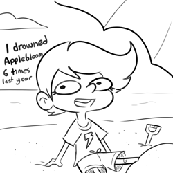 Size: 3300x3300 | Tagged: safe, artist:tjpones, scootaloo, human, g4, beach, black and white, clothes, dialogue, grayscale, high res, humanized, implied apple bloom, monochrome, shirt, sitting, solo, swimming trunks, swimsuit