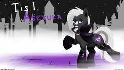 Size: 3556x2000 | Tagged: safe, artist:rockhoppr3, oc, oc only, oc:ace hearts, earth pony, pony, vampire, asexual, asexual pride flag, fog, gothic, high res, pride, pride flag, solo, text