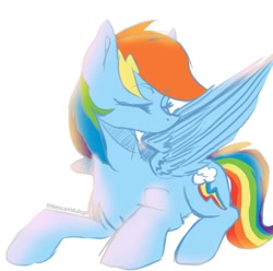 Size: 928x922 | Tagged: safe, artist:iridescentadopt, rainbow dash, pegasus, pony, g4, chest fluff, cute, dashabetes, eyes closed, female, grooming, lying down, mare, preening, prone, simple background, solo, white background, wings