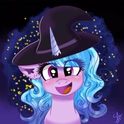 Size: 3000x3000 | Tagged: safe, artist:galaxy swirl, izzy moonbow, pony, unicorn, g5, my little pony: a new generation, female, hat, hi new friend, high res, horn, looking at you, mare, open mouth, open smile, smiling, smiling at you, solo, sparkles, witch hat