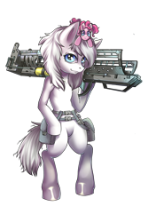 Size: 1000x1500 | Tagged: safe, artist:leastways, pinkie pie, oc, oc:white noise, earth pony, pony, fallout equestria, g4, ammunition, ammunition belt, bipedal, commission, fatman, grenade launcher, pinkie pie plushie, plushie, simple background, transparent background, weapon
