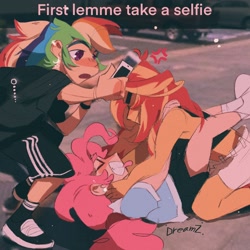 Size: 2048x2048 | Tagged: safe, artist:dreamz, pinkie pie, rainbow dash, sunset shimmer, equestria girls, g4, angry, but first let me take a selfie, catfight, cellphone, chokehold, choking, cross-popping veins, eyes closed, fight, hanging, high res, human coloration, phone, selfie, tongue out