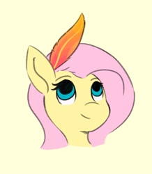 Size: 791x908 | Tagged: safe, artist:flutterfigle, fluttershy, pegasus, pony, a bird in the hoof, g4, bust, feather, feather in hair, implied philomena, simple background, smiling, solo, yellow background