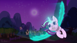 Size: 3840x2160 | Tagged: safe, artist:vedbro, starlight glimmer, alicorn, pony, g4, female, flying, glowing, glowing horn, glowing wings, grin, happy, high res, horn, mare, night, ponyville, smiling, solo, spread wings, vector, wings
