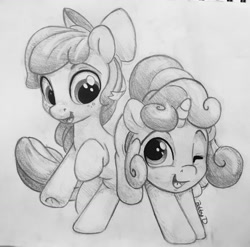Size: 1280x1265 | Tagged: safe, artist:bobdude0, apple bloom, sweetie belle, earth pony, pony, unicorn, g4, duo, duo female, female, filly, freckles, frog (hoof), one eye closed, open mouth, open smile, smiling, traditional art, underhoof