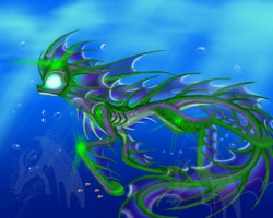 Size: 1200x958 | Tagged: safe, artist:ecitslogard, oc, oc only, hybrid, merpony, pony, bubble, crepuscular rays, dorsal fin, gills, glowing, glowing eyes, solo, sunlight, swimming, tail, underwater, water, watermark