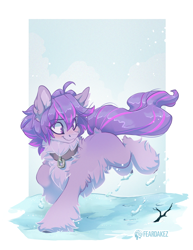 Size: 2034x2628 | Tagged: safe, artist:kez, oc, oc only, pony, yakutian horse, chest fluff, collar, colored hooves, fluffy, high res, running, solo, unshorn fetlocks