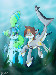 Size: 768x1024 | Tagged: safe, artist:midnightglow20, oc, oc only, merpony, art trade, blue eyes, bubble, crepuscular rays, dorsal fin, fish tail, flowing tail, gills, green eyes, looking at each other, ocean, purple eyes, seaweed, signature, smiling, sunlight, swimming, tail, underwater, unshorn fetlocks, water