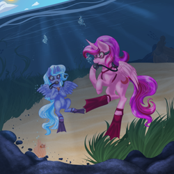 Size: 2000x2000 | Tagged: safe, artist:sharxz, oc, oc only, alicorn, fish, pony, blue eyes, blue mane, bubble, cloud, crepuscular rays, dive mask, feather, female, flippers (gear), flowing tail, high res, horn, ocean, pink eyes, pink mane, rock, scuba gear, seaweed, sky, smiling, sun, sunlight, tail, underwater, water, wings