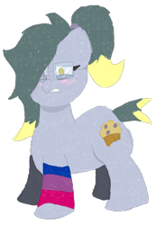 Size: 2689x3907 | Tagged: safe, artist:marble muffin, oc, oc only, oc:marble muffin, earth pony, pony, bisexual pride flag, blushing, earth pony oc, embarrassed, female, food, glasses, gritted teeth, hair over one eye, heterochromia, high res, lidded eyes, mare, muffin, no pupils, ponytail, pride, pride flag, simple background, sock, solo, transparent background