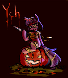 Size: 3500x4000 | Tagged: safe, alicorn, earth pony, pegasus, pony, unicorn, clothes, commission, costume, halloween, halloween costume, holiday, knife, mummy, mummy costume, pumpkin, solo, ych sketch, your character here