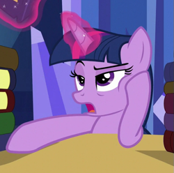 Size: 519x515 | Tagged: safe, screencap, twilight sparkle, alicorn, pony, g4, made in manehattan, season 5, book, bored, cropped, glowing, glowing horn, hoof on cheek, horn, open mouth, solo, table, twilight sparkle (alicorn)