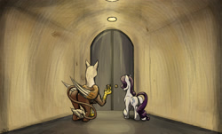 Size: 2089x1264 | Tagged: safe, artist:mixdaponies, rarity, griffon, pony, unicorn, g4, butt, door, fanfic art, friendship is tragic (obabscribbler), griffin (character), hallway, rearity