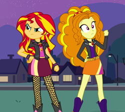 Size: 475x426 | Tagged: safe, artist:confrank01, artist:invisibleink, artist:mixiepie, adagio dazzle, sunset shimmer, equestria girls, g4, my little pony equestria girls, my little pony equestria girls: rainbow rocks, alternate universe, clothes, clothes swap, duo, female, gem, night, role reversal, simple background, siren gem