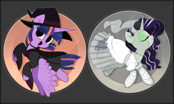 Size: 4167x2500 | Tagged: safe, artist:syrupyyy, rarity, twilight sparkle, alicorn, pony, unicorn, g4, clothes, costume, eyes closed, female, frankenstein's monster, halloween, halloween 2021, halloween costume, hat, holiday, open mouth, twilight sparkle (alicorn), witch costume, witch hat