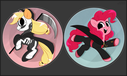 Size: 4167x2500 | Tagged: safe, artist:syrupyyy, applejack, pinkie pie, earth pony, pony, undead, vampire, g4, clothes, costume, grim reaper, halloween, halloween costume, holiday, scythe