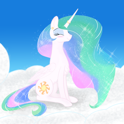 Size: 2000x2000 | Tagged: safe, artist:enonnnymous, princess celestia, alicorn, pony, g4, blue eyeshadow, blushing, chest fluff, cloud, cute, cutelestia, cutie mark accessory, cutie mark earrings, ear piercing, earring, eyebrows, eyebrows visible through hair, eyes closed, eyeshadow, female, happy, high res, horn, horn ring, jewelry, makeup, mare, on a cloud, piercing, ring, sitting, sitting on a cloud, smiling, solo, waifu, wedding ring