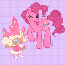 Size: 640x640 | Tagged: safe, artist:blackcatcookie, pinkie pie, earth pony, pony, g4, birthday cake cookie, candy, candy in hair, cookie, cookie run, crossover, fanart, female, food, friendship, grid, mare, one eye closed, similarities, sprinkles, wink