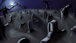 Size: 4427x2489 | Tagged: safe, artist:mixdaponies, coloratura, earth pony, pony, g4, fanfic art, fog, full moon, ghosts in the graveyard, gravestone, graveyard, moon, night, solo, spawn, tree