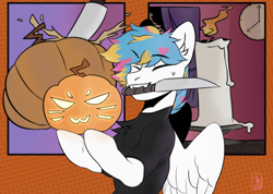 Size: 1200x853 | Tagged: safe, artist:dommert, pegasus, pony, awsten knight, bust, clothes, commission, dyed mane, eyes closed, fangs, halloween, holiday, hoof hold, jack-o-lantern, knife, male, mouth hold, ponified, pumpkin, shirt, solo, stallion, t-shirt, wings, ych result