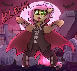 Size: 2545x2341 | Tagged: safe, artist:graphene, oc, oc only, oc:claire, bat, pony, undead, vampire, bipedal, chubby, clothes, coffin, eye clipping through hair, fangs, female, gravestone, graveyard, halloween, high res, holiday, mare, not fluttershy, open mouth, solo, tongue out, underhoof