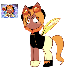 Size: 640x640 | Tagged: safe, artist:roali-tea, alicorn, bee, bee pony, insect, original species, pony, g4, amber sugar cookie, bee wings, clothes, cookie, cookie run, crossover, food, goggles, hood, hoodie, insect wings, male, orange hair, pants, ponified, shoes, solo, stallion, wings