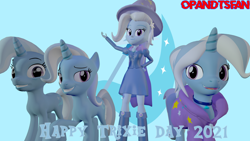 Size: 3840x2160 | Tagged: safe, artist:optimussparkle, trixie, pony, unicorn, equestria girls, g4, 3d, alternate hairstyle, babysitter trixie, blue background, cape, clothes, female, hat, high res, hoodie, multeity, older, older trixie, self ponidox, simple background, source filmmaker, trixie army, trixie day