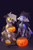 Size: 2887x4370 | Tagged: safe, artist:ignis, oc, oc only, oc:pango, oc:wyn, cyborg, pegasus, pony, duo, halloween, holiday, looking at you, mouth hold, sitting, uwu