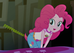 Size: 960x688 | Tagged: safe, artist:thedarkpony, edit, edited screencap, screencap, pinkie pie, equestria girls, g4, legend of everfree, camp everfree outfits, clothes, cropped, fart, fart edit, fart noise, female, onomatopoeia, shorts, sound effects, stinkie pie