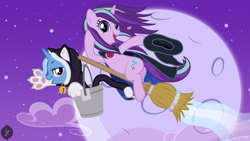 Size: 1920x1080 | Tagged: safe, artist:facelessjr, starlight glimmer, trixie, cat, pony, unicorn, g4, animal costume, bell, broom, bucket, butt, cape, cat costume, clothes, cloud, costume, female, flying, flying broomstick, full moon, halloween, halloween costume, hat, holiday, magic, messy mane, moon, night, nightmare night, nightmare night costume, plot, pose, scrunchy face, show accurate, tail, waving, witch, witch costume, witch hat
