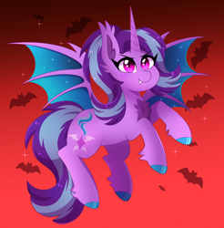 Size: 2566x2607 | Tagged: safe, artist:emera33, starlight glimmer, alicorn, bat, bat pony, bat pony alicorn, pony, g4, alicornified, bat ponified, bat wings, chest fluff, cute, eye clipping through hair, eyebrows, eyebrows visible through hair, fangs, female, flying, glimbat, glimmerbetes, gradient background, high res, horn, mare, purple eyes, race swap, red background, simple background, smiling, smirk, solo, spread wings, starlicorn, wings