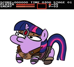 Size: 900x818 | Tagged: safe, artist:velgarn, twilight sparkle, pony, unicorn, g4, armor, boots, castlevania, clothes, costume, crossover, female, halloween, halloween costume, holiday, hud, mare, nightmare night, nightmare night costume, score, shoes, simon belmont, simple background, twiggie, twiggie quest