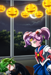 Size: 2300x3416 | Tagged: safe, alternate version, artist:mauroz, spike, sweetie belle, human, g4, anime, clothes, cosplay, costume, drool, eyes closed, female, halloween, halloween costume, high res, holiday, humanized, male, sailor moon (series), sleeping