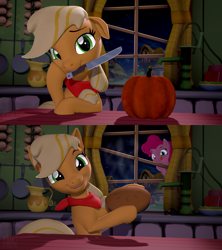 Size: 1920x2160 | Tagged: safe, artist:owlpirate, applejack, pinkie pie, earth pony, pony, g4, 2 panel comic, 3d, comic, cooking show, cute, duo, female, food, halloween, holiday, jackabetes, knife, looking at you, mare, mouth hold, night, pie, pumpkin, source filmmaker