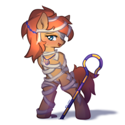 Size: 1600x1600 | Tagged: safe, artist:zylgchs, oc, oc only, oc:melting winter, earth pony, pony, arm behind back, bandage, bipedal, egyptian, female, halloween, holiday, jewelry, mummy, scepter, simple background, solo, transparent background