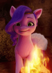 Size: 430x600 | Tagged: safe, screencap, pipp petals, pegasus, pony, g5, my little pony: a new generation, spoiler:my little pony: a new generation, adorapipp, animated, beautiful, blinking, campfire, cropped, cute, female, fire, gif, mare, smiling, solo