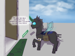 Size: 1600x1200 | Tagged: safe, artist:doomlemon, changeling, armband, blushing, door, glowing, glowing horn, horn, house, levitation, love collector, magic, magic aura, offscreen character, profile, raised hoof, solo, spread wings, telekinesis, wings