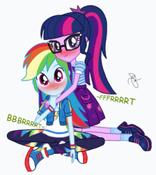 Size: 686x764 | Tagged: safe, edit, editor:thedarkpony, rainbow dash, sci-twi, twilight sparkle, equestria girls, g4, blushing, blushing profusely, clothes, fart, fart edit, fart noise, female, lesbian, pants, ship:sci-twidash, ship:twidash, shipping, skirt, sound effects