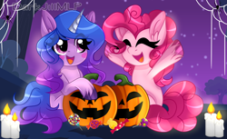 Size: 3104x1901 | Tagged: safe, artist:darkjillmlp123, izzy moonbow, pinkie pie, earth pony, pony, unicorn, g4, g5, my little pony: a new generation, candy, duo, female, food, g4 to g5, halloween, holiday, jack-o-lantern, lollipop, pumpkin